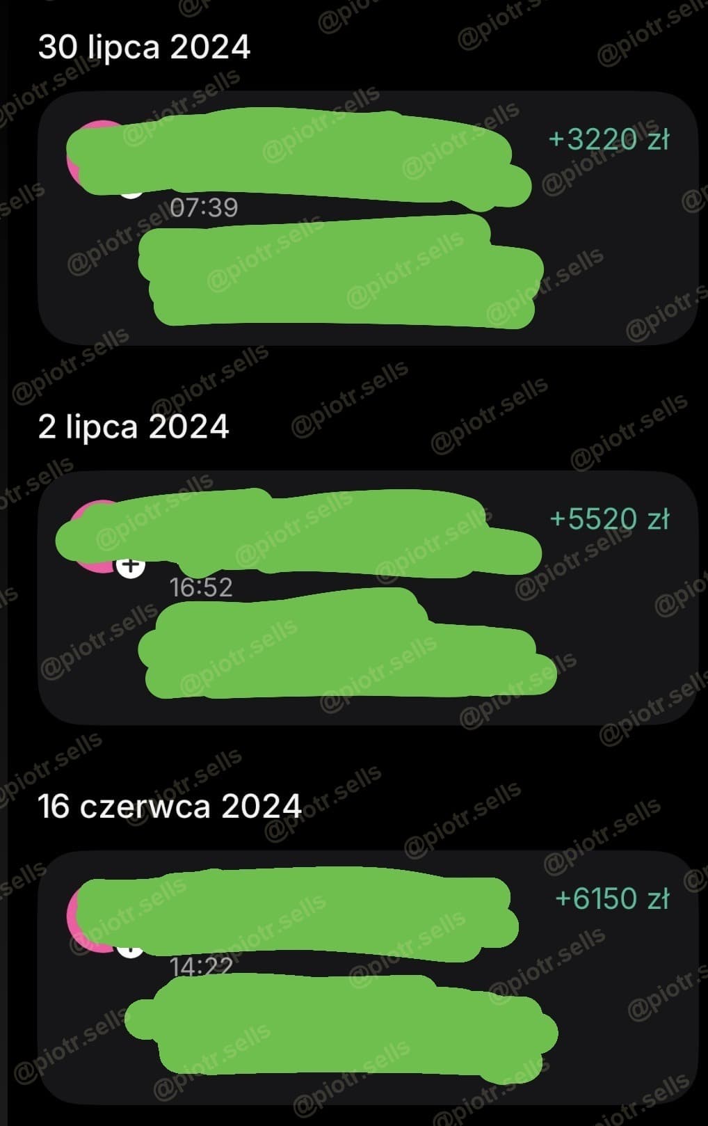 Wpłaty prowizji z closingu, czerwiec–lipiec 2024 — dane zamazane